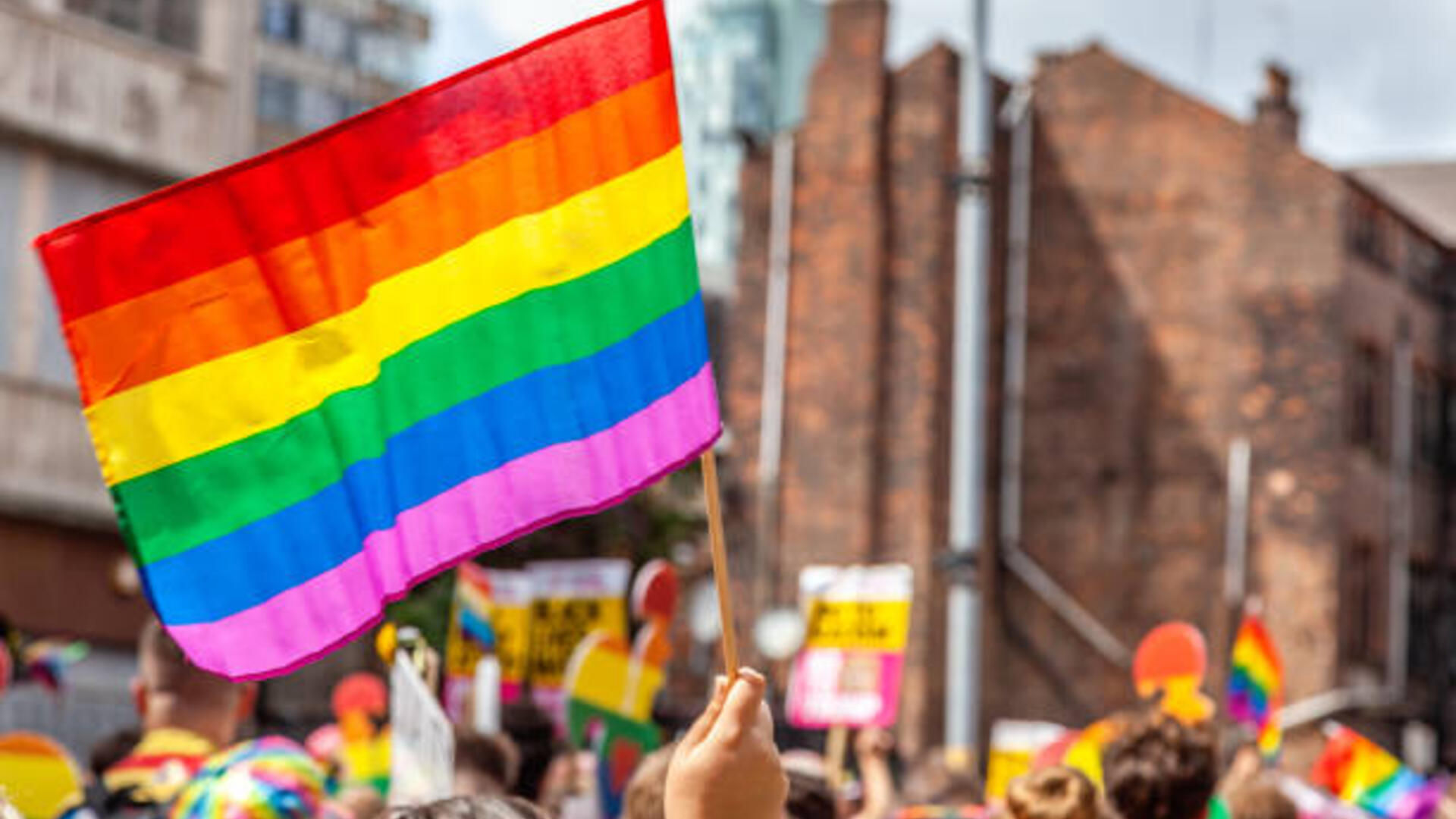 Regenboogvlag op pride protest