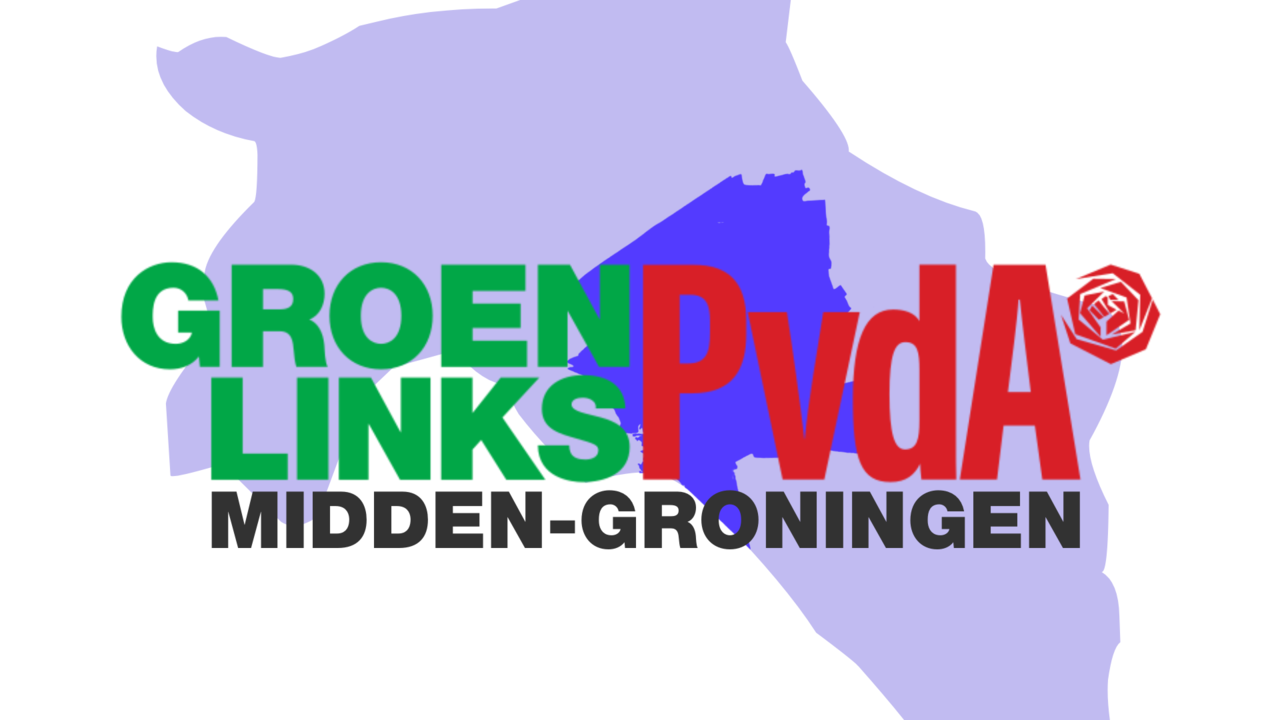 Afbeelding van de provincie Groningen met Midden-Groningen uitgelicht. Op de voorgrond staat GroenLinks-PvdA Midden-Groningen. 
